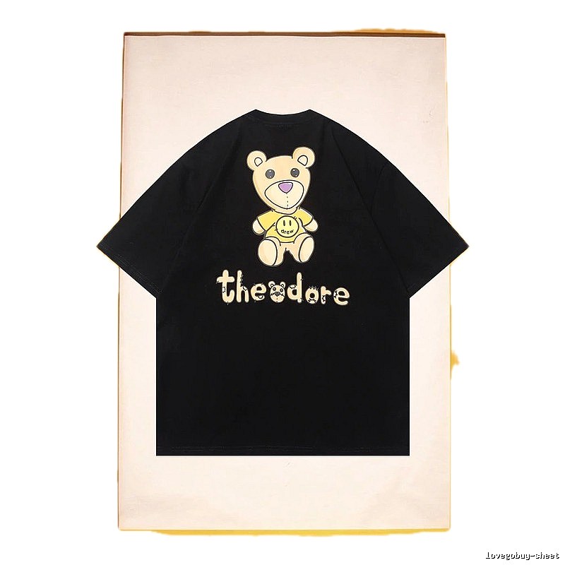 DREW Bear Print Streetwear Brand Black Short Sleeve T-shirt