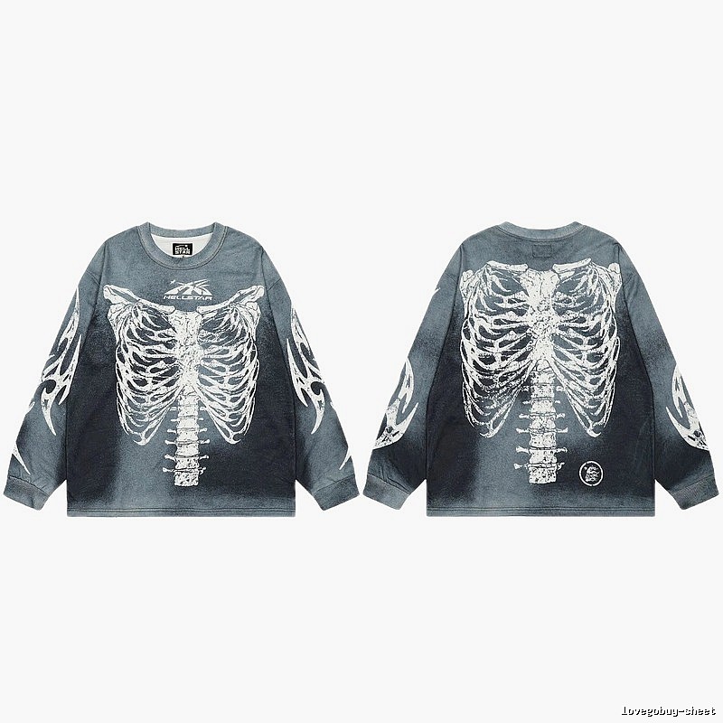 Hellstar Skull Print Street Style Vintage Grey Long Sleeve T-shirt