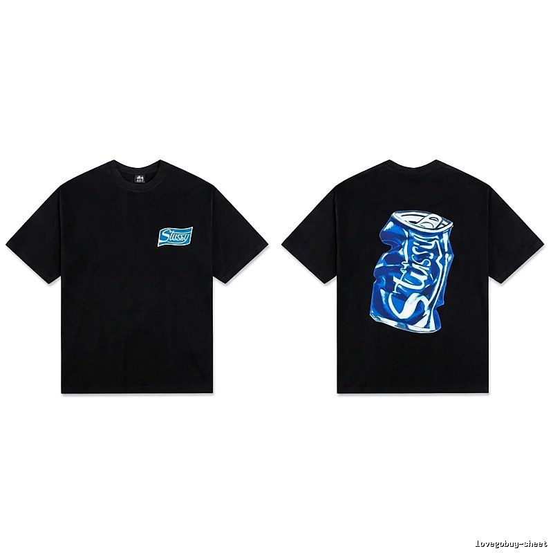 Stussy's black T-shirt with a can-style design